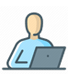 Website analytics icon showing a person using a laptop.