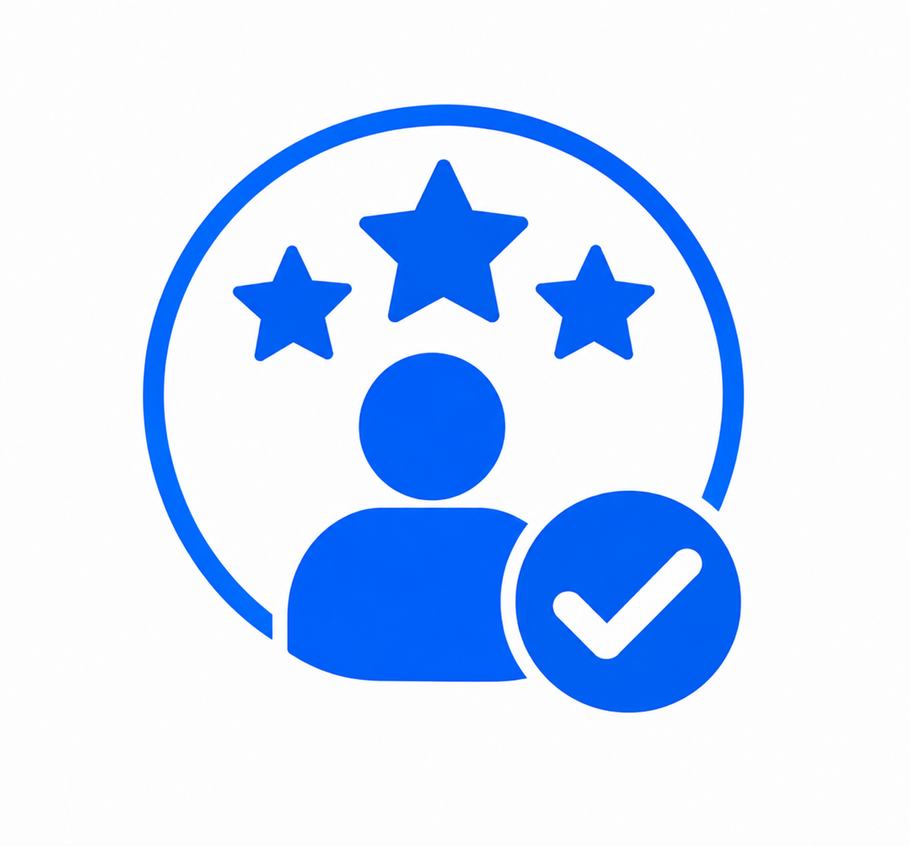 Client satisfaction icon featuring a person, three stars, and a verification checkmark.