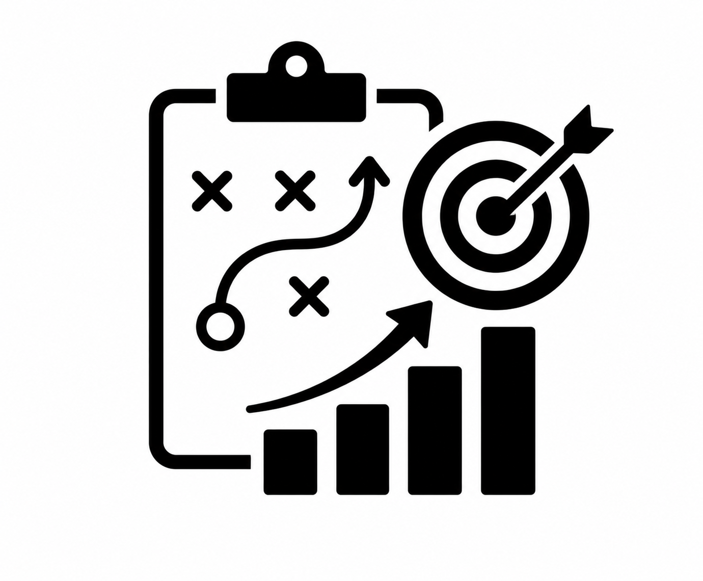 Growth strategy icon featuring a strategic plan, target, upward arrow, and growth bars.