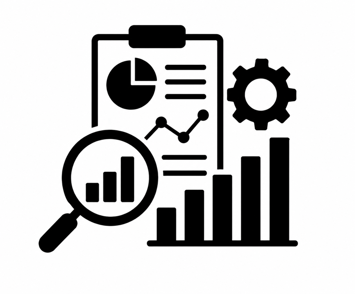 Business analysis icon featuring charts, a magnifying glass, report, and growth graph.