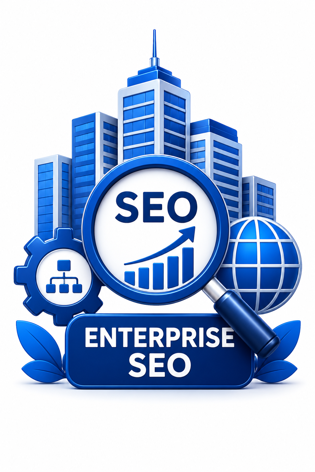 Enterprise SEO icon featuring office buildings, a magnifying glass with SEO, a gear, and an upward growth chart.