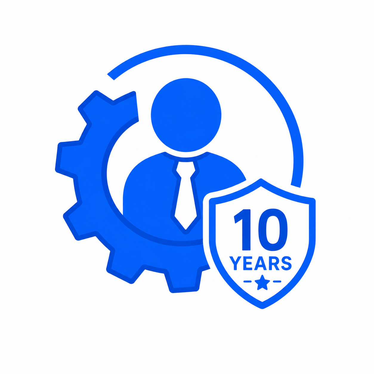 Industry experience icon featuring a professional with a gear and a shield showing 10 years.
