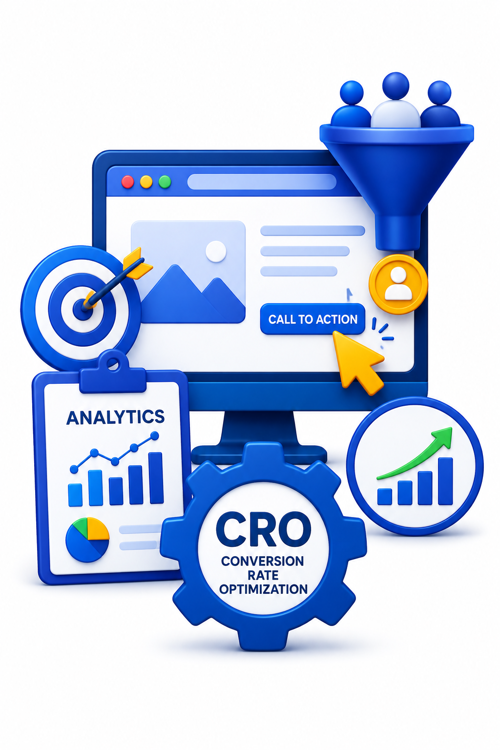Conversion Rate Optimization icon featuring a website, target, call-to-action button, conversion funnel, analytics chart, and upward growth arrow.