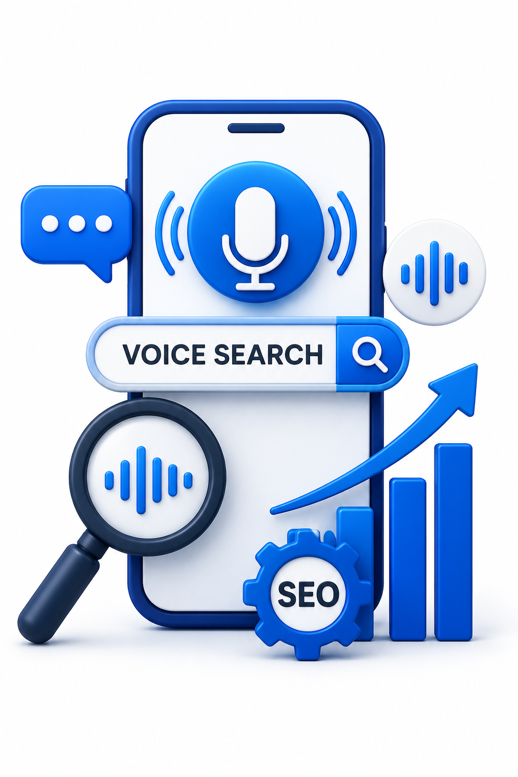 Voice Search Optimization icon featuring a smartphone with a microphone, voice waves, search bar, magnifying glass, SEO gear, and rising analytics chart.